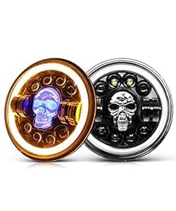 AUTOFASTERS Skull Design 7 Inch LED Headlight For Mahindra Thar, Harley Davidson, Royal Enfield, Bullet 350, Bullet Electra, Classic (Operating Voltage 12V-80V, 75W, White DRL,