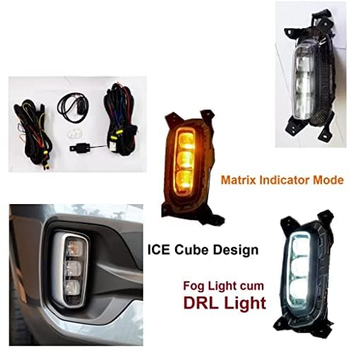 AUTOFASTERS Fog Light 3 Led Ice Cube DRL for Kia Seltos, With Matrix Running Turn Indicator Light (Yellow, White)