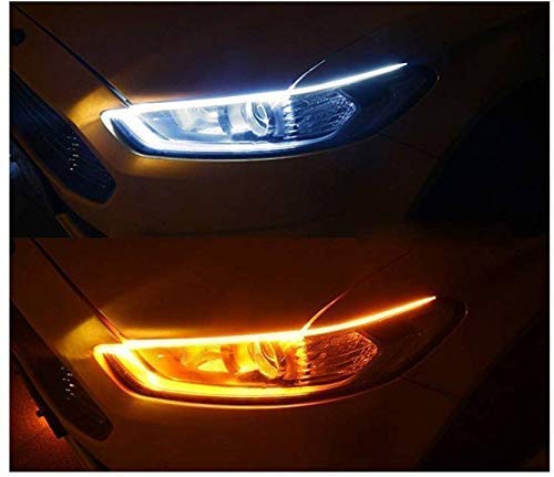 AUTOFASTERS Flexible, Soft, Tube Guide Car LED Strip Sequential Flow Universal Ultra-fine 60cm DRL Daytime Running Light - White and Yellow , 2 Pieces