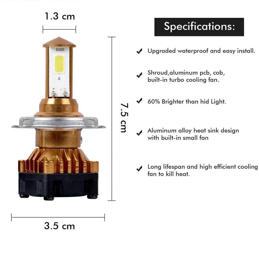 AUTOFASTERS H4 LED Headlight Bulb Ultra Bright Light with Fan Technology Computable with All Bikes, Motorcycle, Scooty 40W, 3 Side H4 Bulb White Light, (Pack of 1)