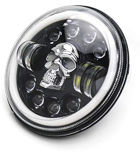 AUTOFASTERS Skull Design 7 Inch LED Headlight For Mahindra Thar, Harley Davidson, Royal Enfield, Bullet 350, Bullet Electra, Classic (Operating Voltage 12V-80V, 75W, White DRL,