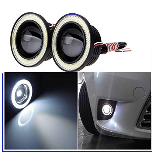 AUTOFASTERS Fog Light for Car Round 3.5 Inch COB LED Fog Light Bulbs with Angel Eye Projector Lamp High Power Bright DRL Halo Ring, White- (Set o f 2)