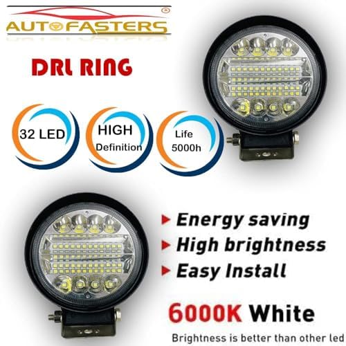 AUTOFASTERS 32 LED Fog Light Round Lamp with Yellow DRL for Car, Off Road Truck, Jeep, SUV, ATV and UTV Fog Lamp, Headlight Car, Van, Motorbike (12 V,) Pack of 2