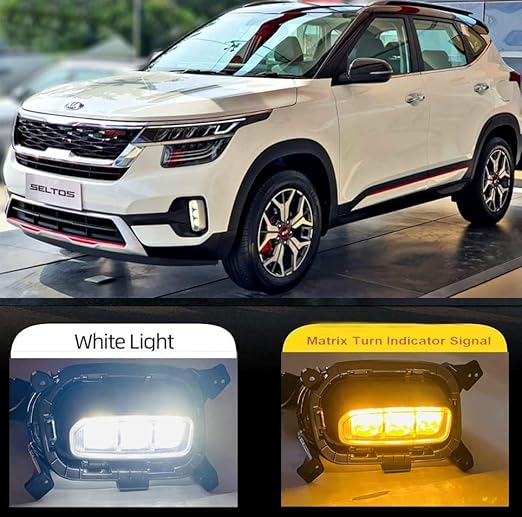 AUTOFASTERS Fog Light 3 Led Ice Cube DRL for Kia Seltos, With Matrix Running Turn Indicator Light (Yellow, White)