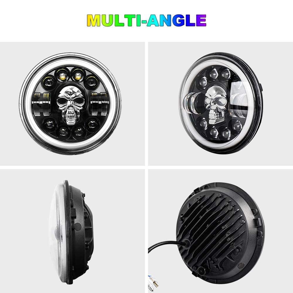 AUTOFASTERS Skull Design 7 Inch LED Headlight For Mahindra Thar, Harley Davidson, Royal Enfield, Bullet 350, Bullet Electra, Classic (Operating Voltage 12V-80V, 75W, White DRL,