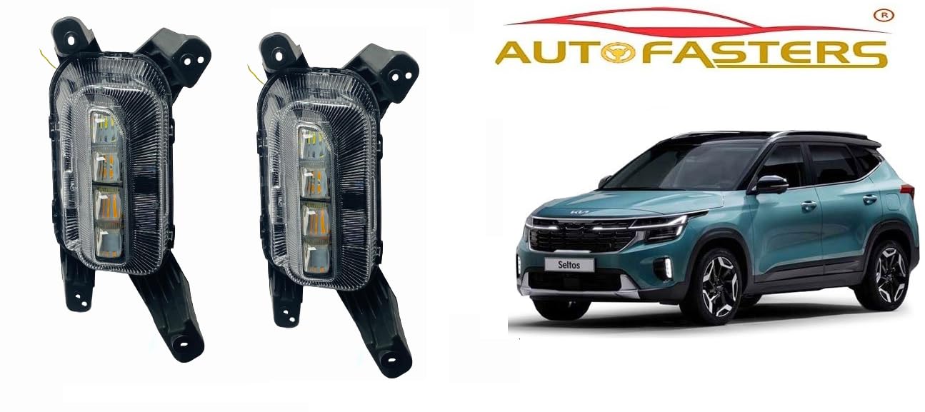 AUTOFASTERS Fog Light 4 Led Ice Cube DRL for Kia Seltos, With Matrix Running Turn Indicator Light (Yellow, White) 2024