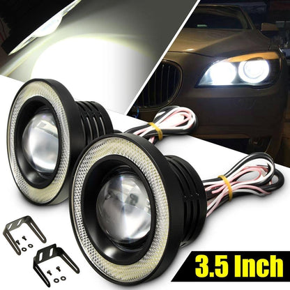 AUTOFASTERS 3.5" inch LED Fog Light Round White COB Angel Eyes Halo DRL Driving Lamp Combo