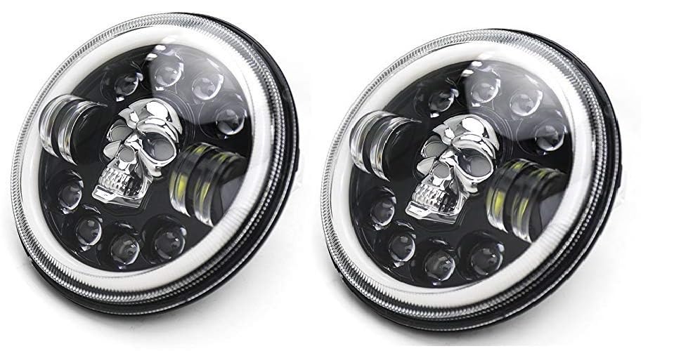 AUTOFASTERS DRL Ring 7 Inch LED Skull Headlight DRL Ring Bullet Thar Light (Multicolored Bhoot Light, 2pcs)