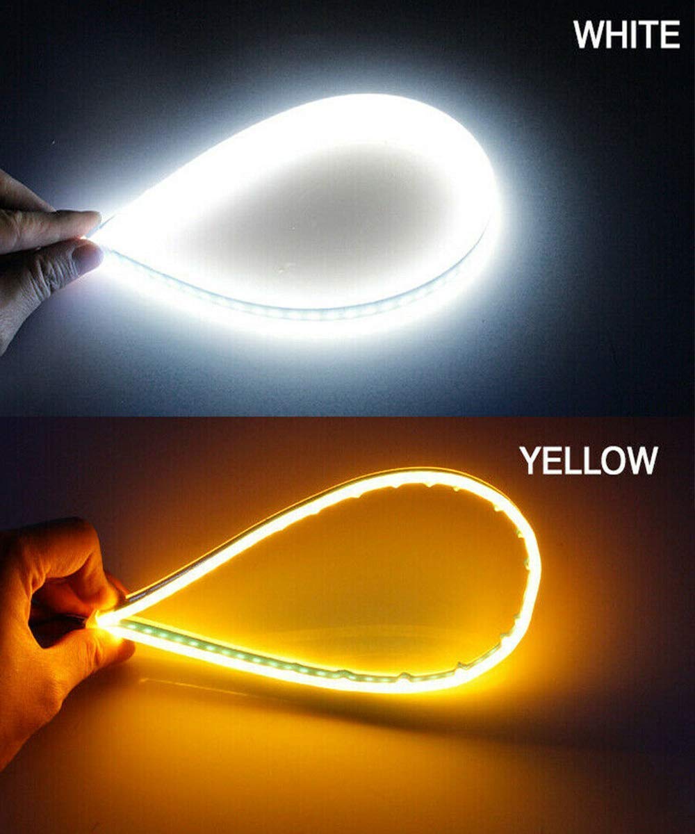 AUTOFASTERS Flexible, Soft, Tube Guide Car LED Strip Sequential Flow Universal Ultra-fine 60cm DRL Daytime Running Light - White and Yellow , 2 Pieces