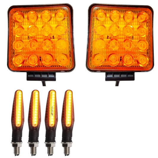 AUTOFASTERS 16 Led Square Yellow 2 Fog Lights with 4 Indicator and 2 Pull Push Switch For Thar,Jeep,SUV and For All Types Of Vehicles