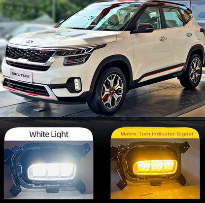 AUTOFASTERS Fog Light 3 Led Ice Cube DRL for Kia Seltos, With Matrix Running Turn Indicator Light (Yellow, White)