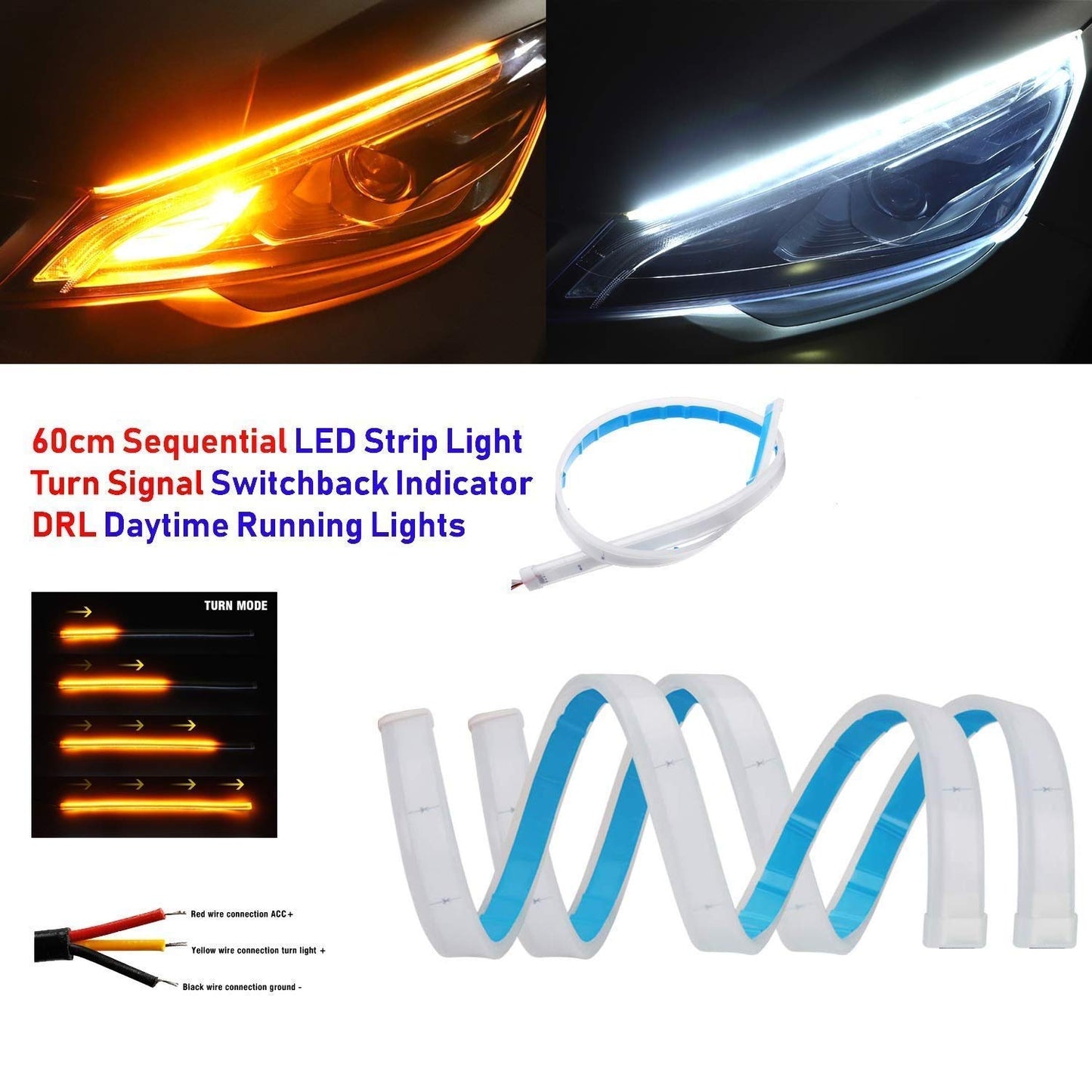 AUTOFASTERS Flexible, Soft, Tube Guide Car LED Strip Sequential Flow Universal Ultra-fine 60cm DRL Daytime Running Light - White and Yellow , 2 Pieces