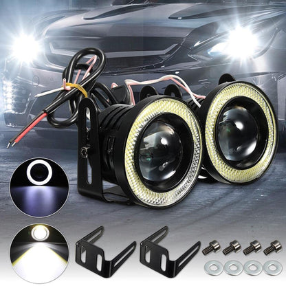 AUTOFASTERS 3.5" inch LED Fog Light Round White COB Angel Eyes Halo DRL Driving Lamp Combo