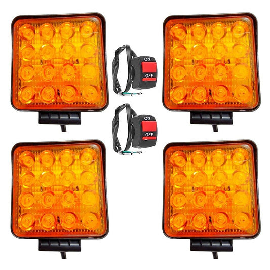 AUTOFASTERS 16 Led Square Yellow 4 Fog Lights With 2 On-Off Switch For Thar,Jeep,SUV and For All Cars