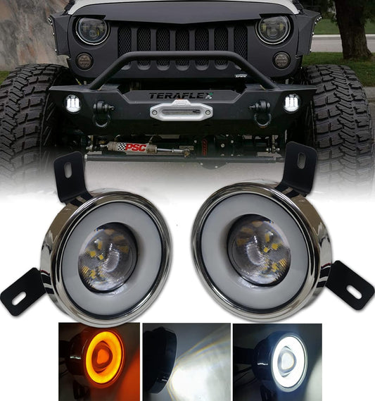 AUTOFASTERS 3.5 Inch Led Fog Light Compatible with Mahindra thar Jeep Driving off-road Round Fog Light with Ring/DRL Yellow, White Lights