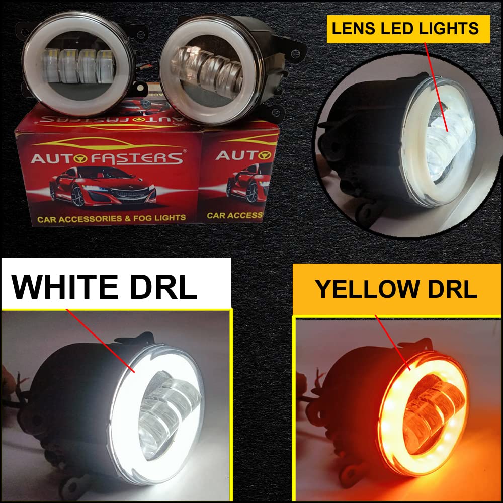 Autofasters Round Fog Lights +DRL Compatible Tata Safari with (48W, 12V) LED Fog Lamp Front Bumper Driving Light Bulb LED Passing Lights Smoke Lens (Yellow, White)