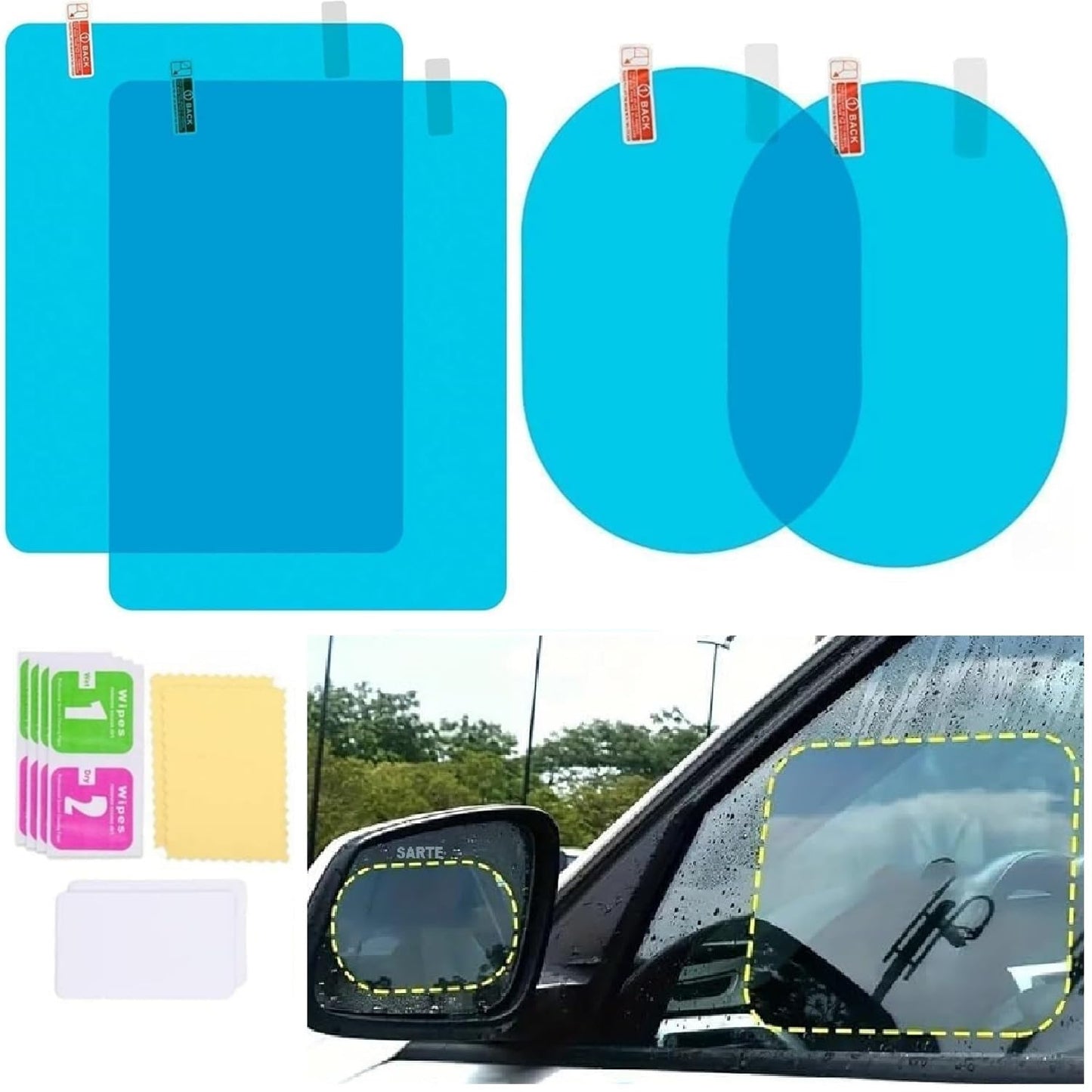 Autofasters 4 PCS Car Rearview Mirror Protective Film, HD Clear Rainproof Film Anti Glare Anti Fog Waterproof Film for Car Mirrors and Side Windows Car Mirror Rain Blocker (Blue)