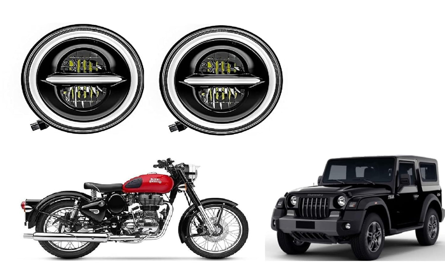 AUTOFASTERS Minus Headlight With Ring DRL 110W Compatible With Royal Enfield/Jeep/Thar (1 Pair)