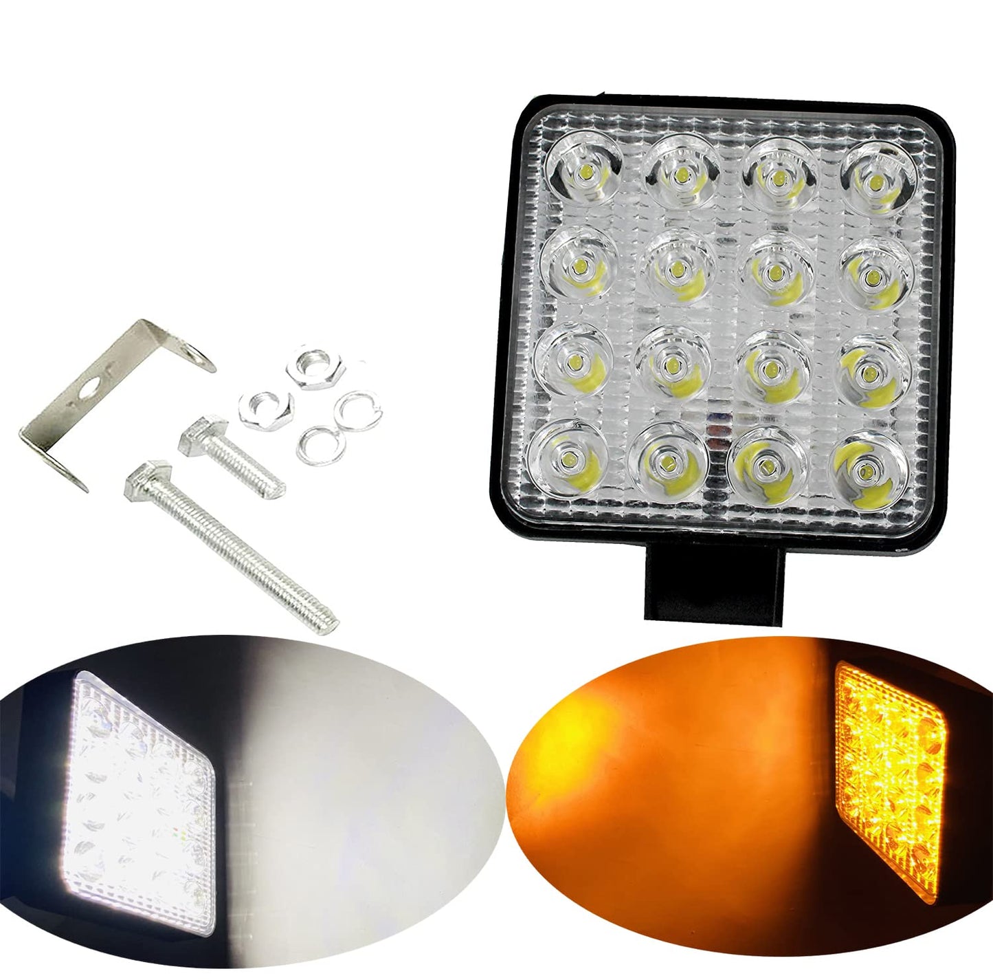 AUTOFASTERS 16 Led 2in1 Square Fog Light Waterproof off Road Driving Lamp for Car and Motorcycle (12V, White, Yellow Light, 1 PC)