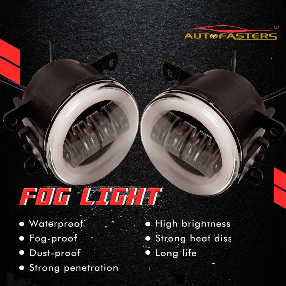 Autofasters Round Fog Lights +DRL Compatible Tata Safari with (48W, 12V) LED Fog Lamp Front Bumper Driving Light Bulb LED Passing Lights Smoke Lens (Yellow, White)