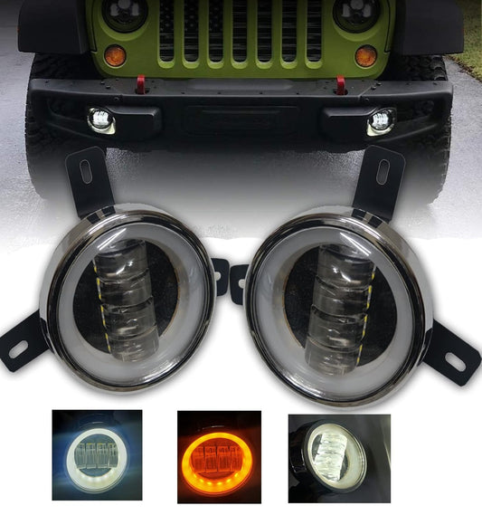 AUTOFASTERS 4 Lens Led Fog Light Compatible with Mahindra thar Jeep Driving off-road Round Fog Light with Ring/DRL Yellow, White Lights