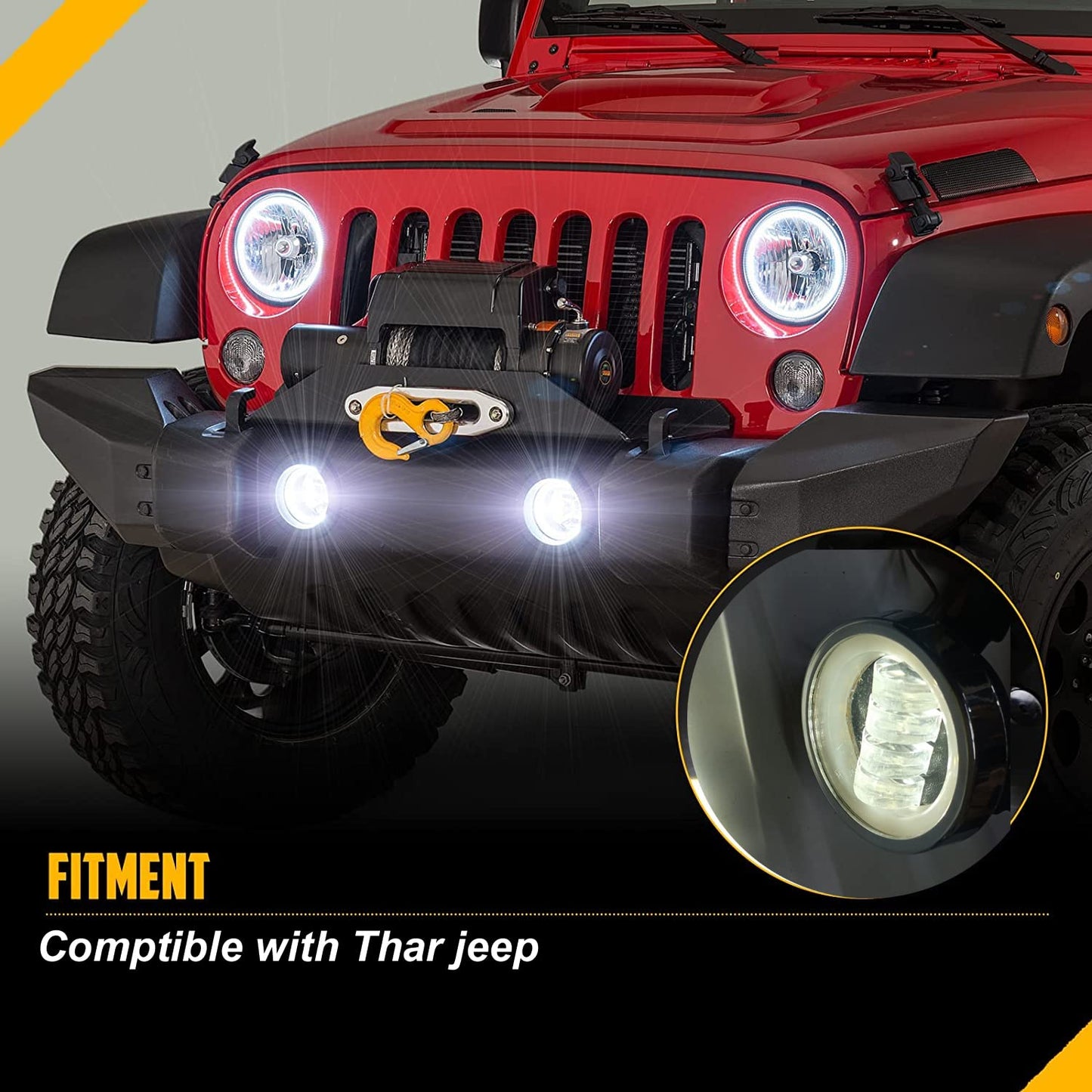 AUTOFASTERS 4 Lens Led Fog Light Compatible with Mahindra thar Jeep Driving off-road Round Fog Light with Ring/DRL Yellow, White Lights