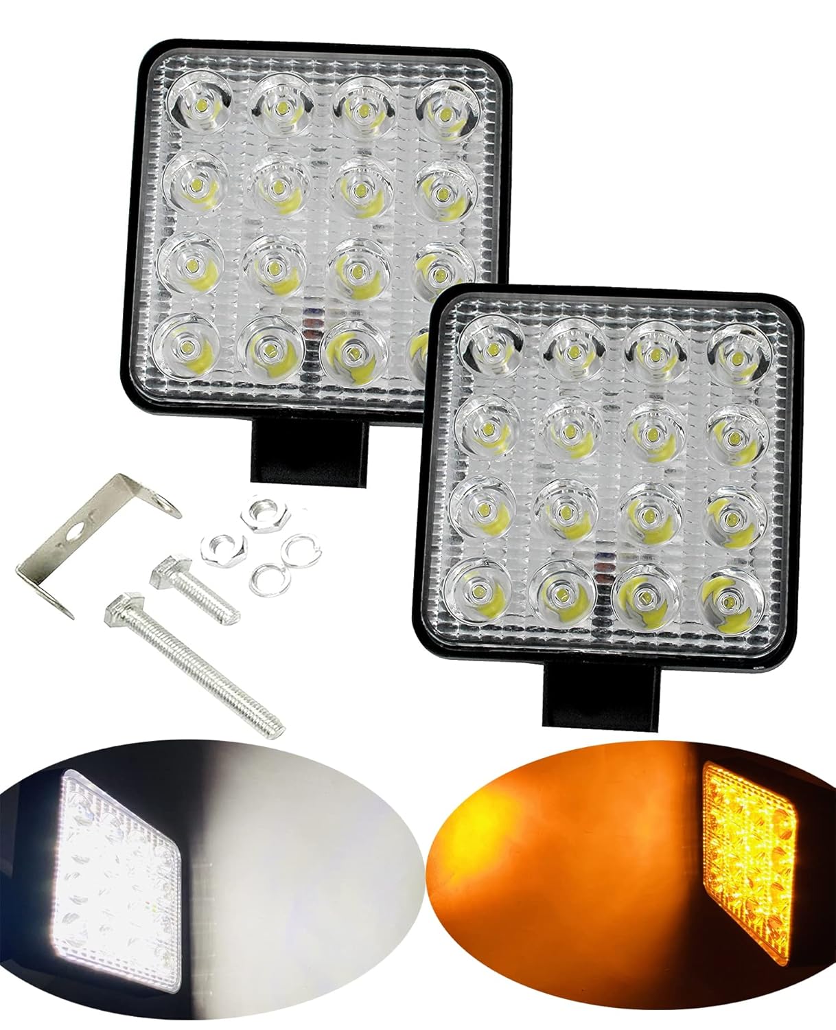 AUTOFASTERS 16 Led 2in1 Square Fog Light Waterproof off Road Driving Lamp for Car and Motorcycle (12V, White, Yellow Light, 2 PC)